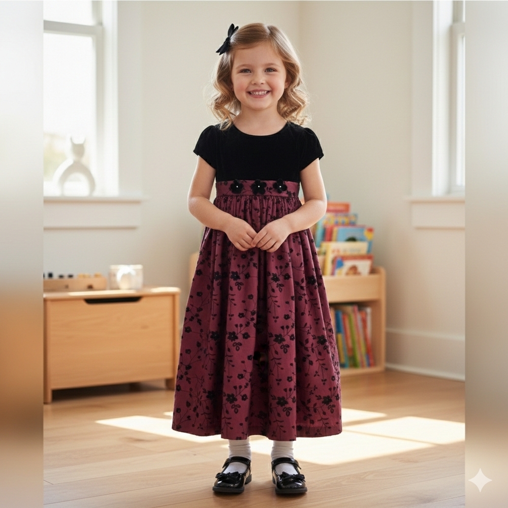 Perfectly Dressed Burgundy Velvet & Floral Holiday Dress - Size 6